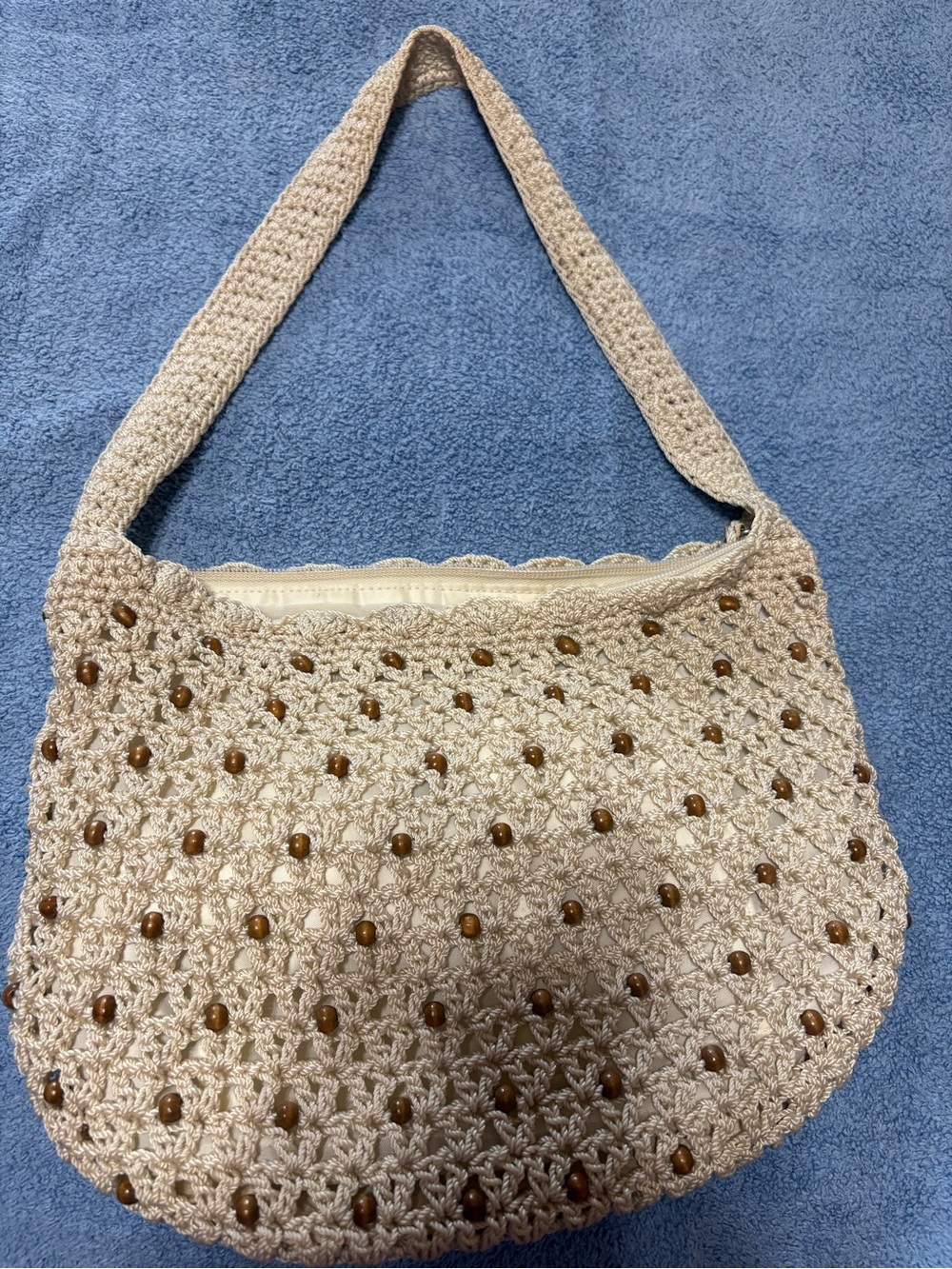 The Sak Beige Crochet Shoulder Bag with Wooden Beads